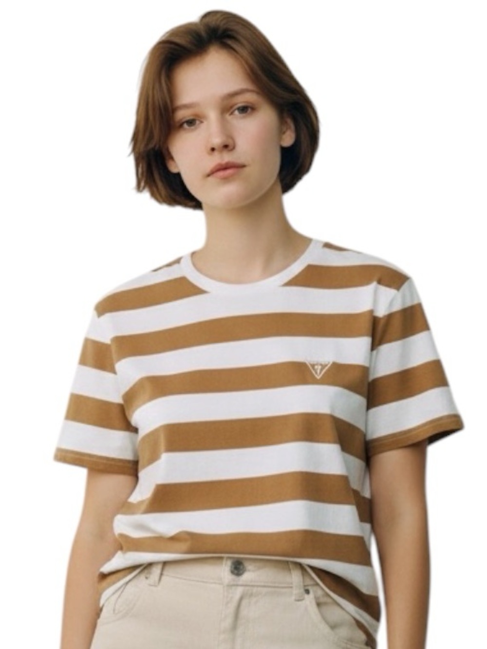 Guess Girls’ Striped Tan/White Crewneck Relaxed Fit T-shirt Size Large Coastal